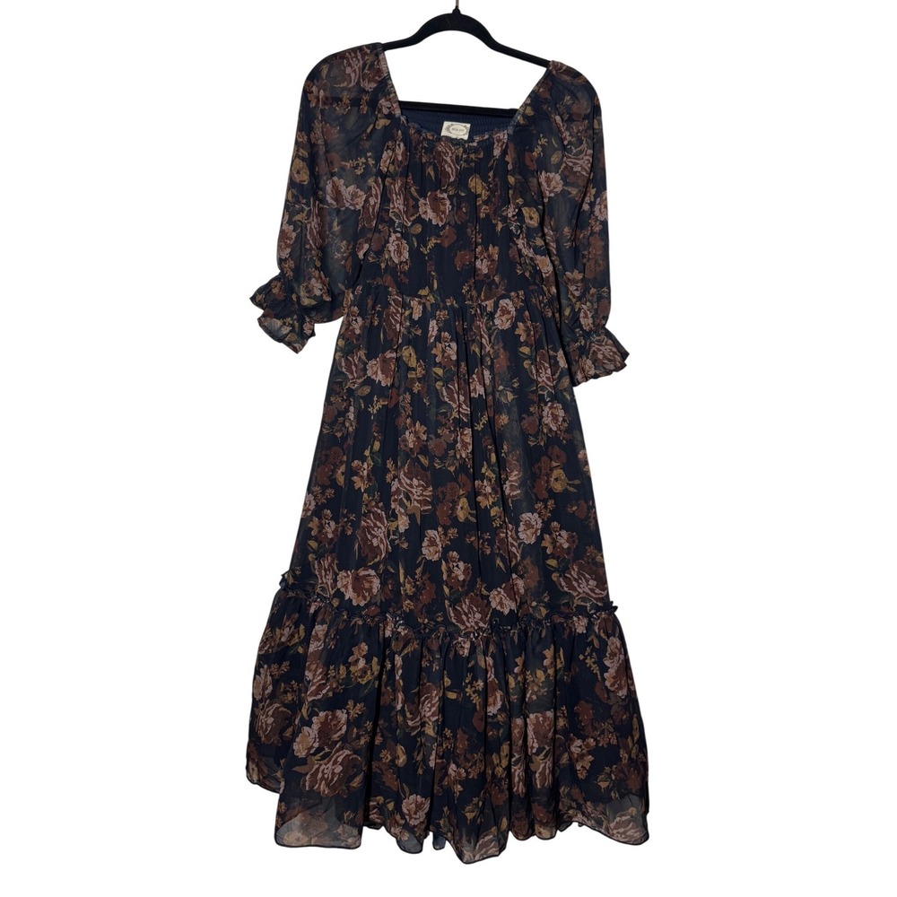 Joyfolie Mia Joy Floral Maxi Dress 14 Navy Blue Excellent Smocked Chiffon Tiered
